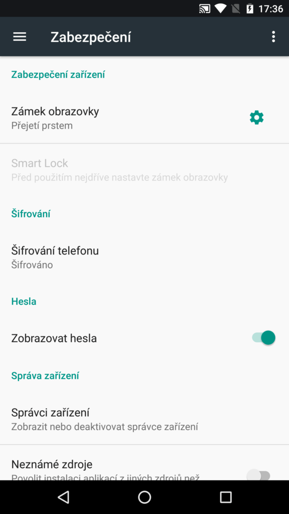 Pohled do nastavení zabezpečení