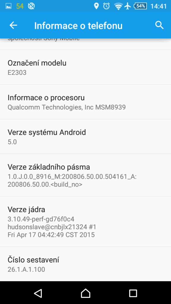 Sony Xperia M4 Aqua verze systému 1