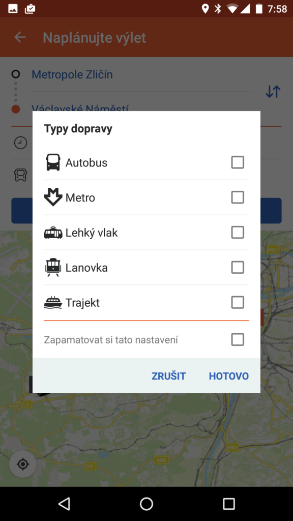 Moovit výběr dopravních prostředků