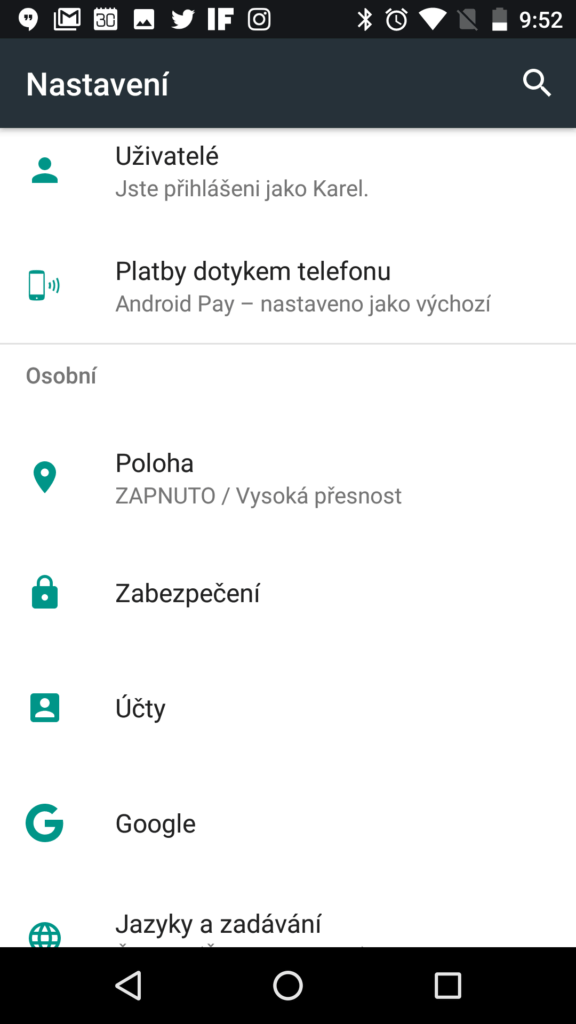 Sekce Nastavení-Poloha