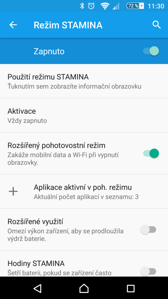 Sony Xperia Z5 režim STAMINA 1