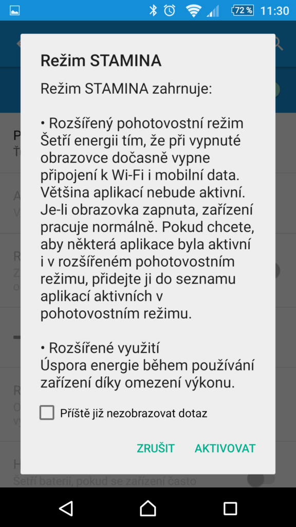 Sony Xperia Z5 režim STAMINA 2