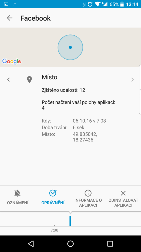 Výpis aktivity aplikace