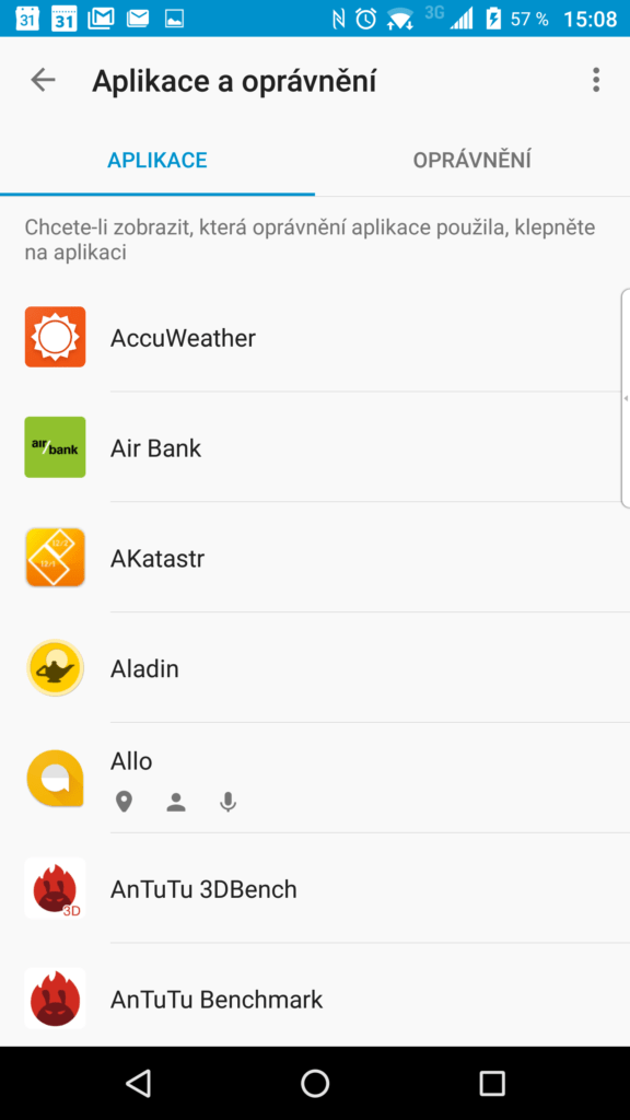 Sekce aplikací a oprávnění