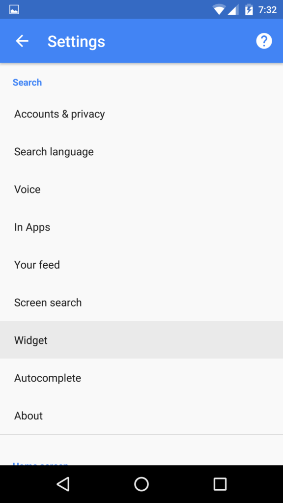 Položka Widget v nastavení