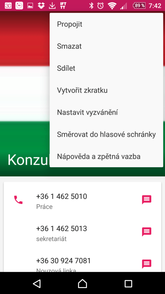 Kontextová nabídka kontaktu