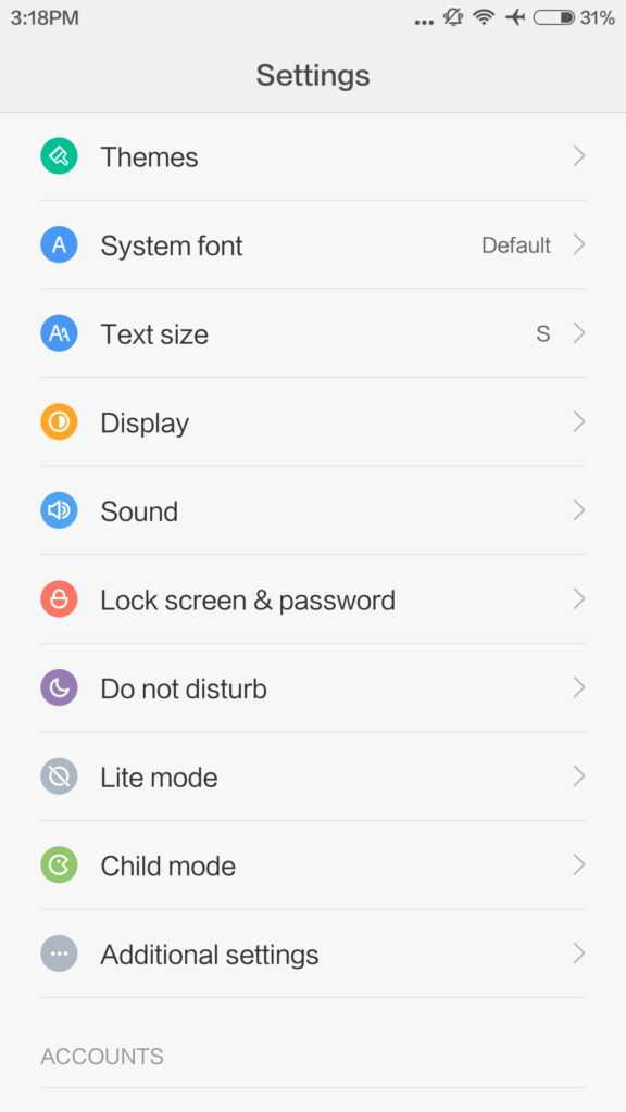 Xiaomi Redmi Note 3 systém menu nastavení