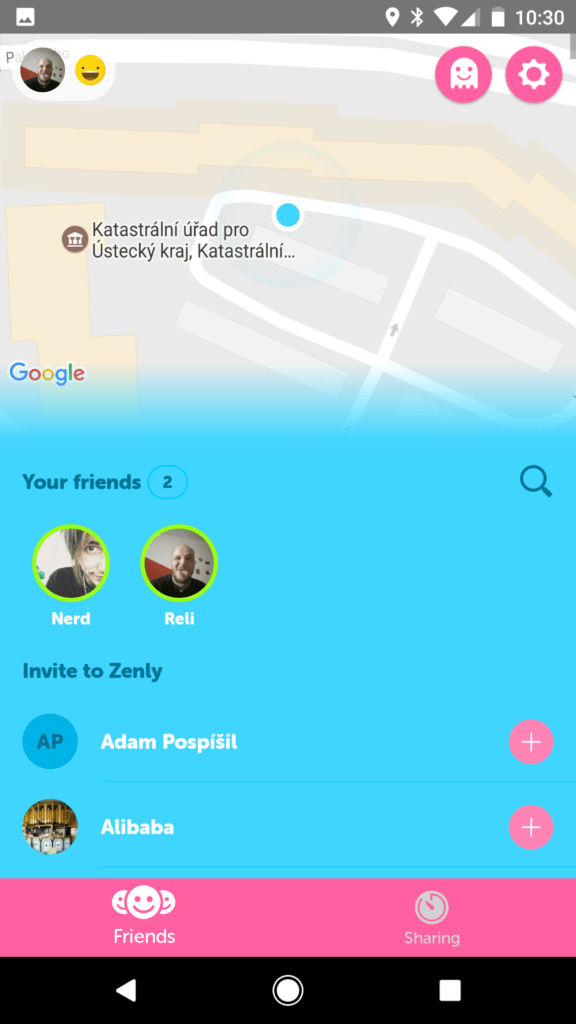 Zenly základní obrazovka s mou polohou