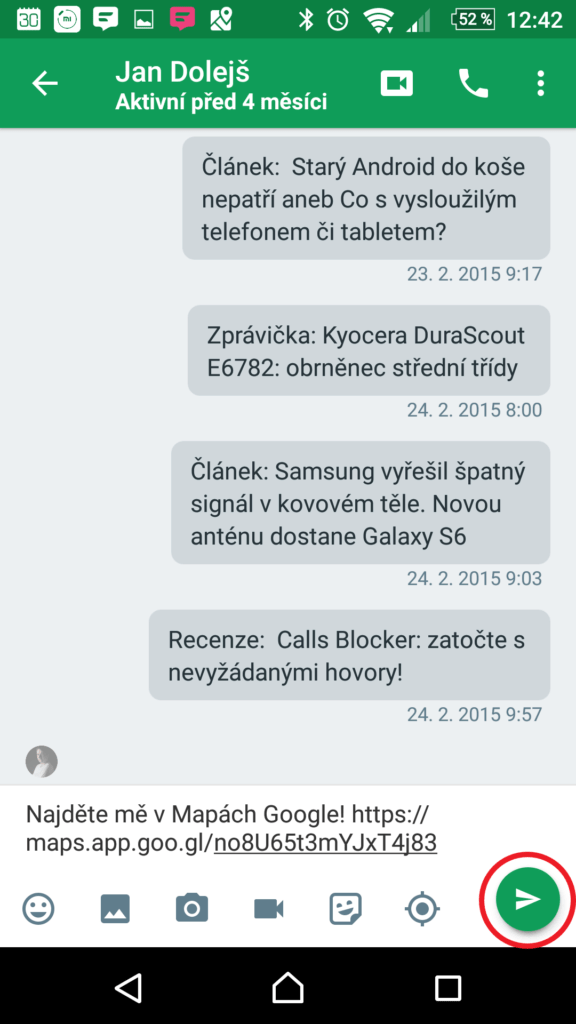 Odeslání odkazu přes Hangouts