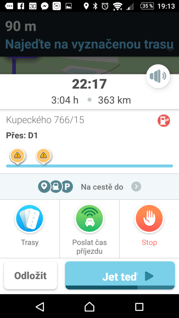 Waze - GPS, Mapy & Doprava Přehled naplánované trasy