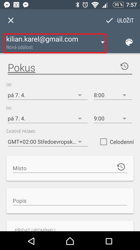 Zkontrolujte, do jakého kalendáře událost zadáváte