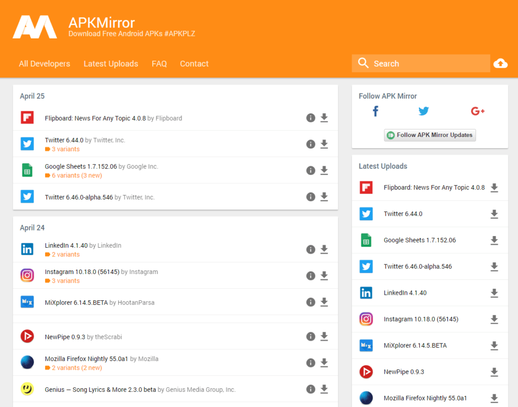 Server APKMirror umožňuje stahování a instalaci APK balíčků