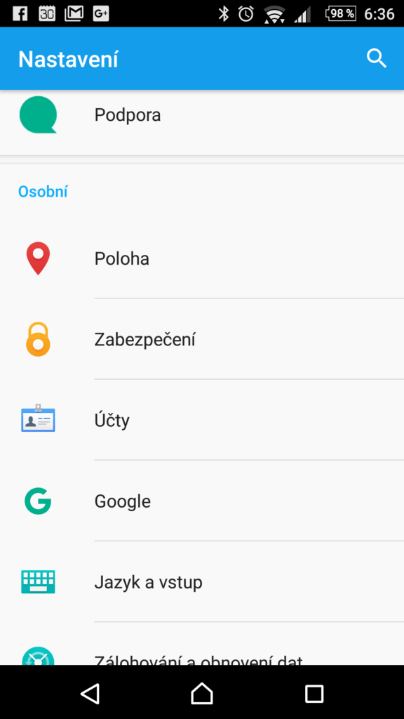 Systémové nastavení, sekce zabezpečení