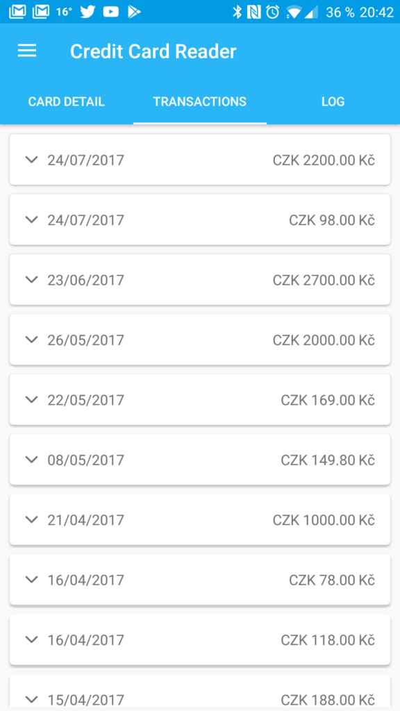 Seznam transakcí na druhé kartě