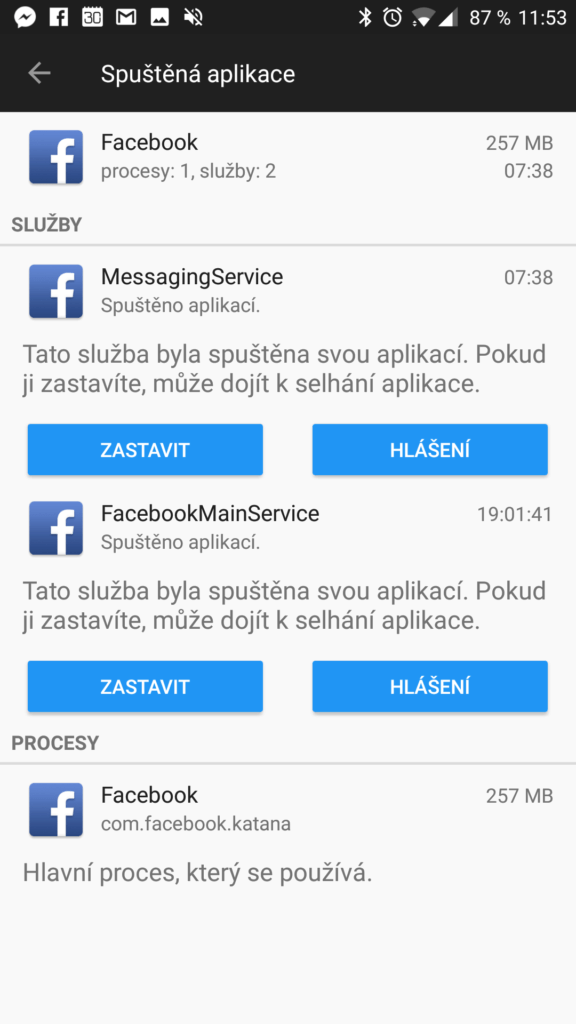 Možnost zastavení aplikace či služby
