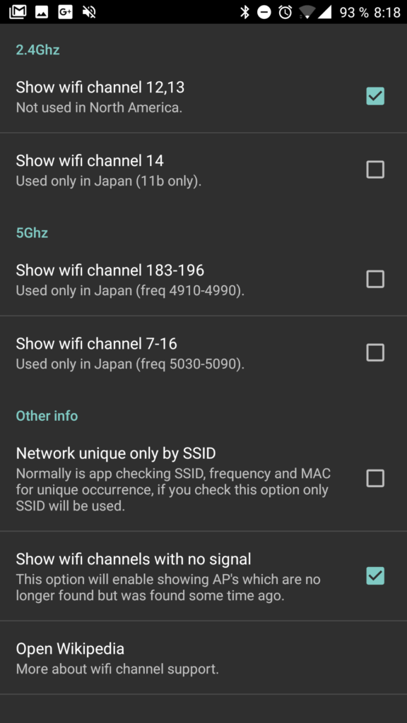 Možnosti nastavení aplikace Wifi Analyzer