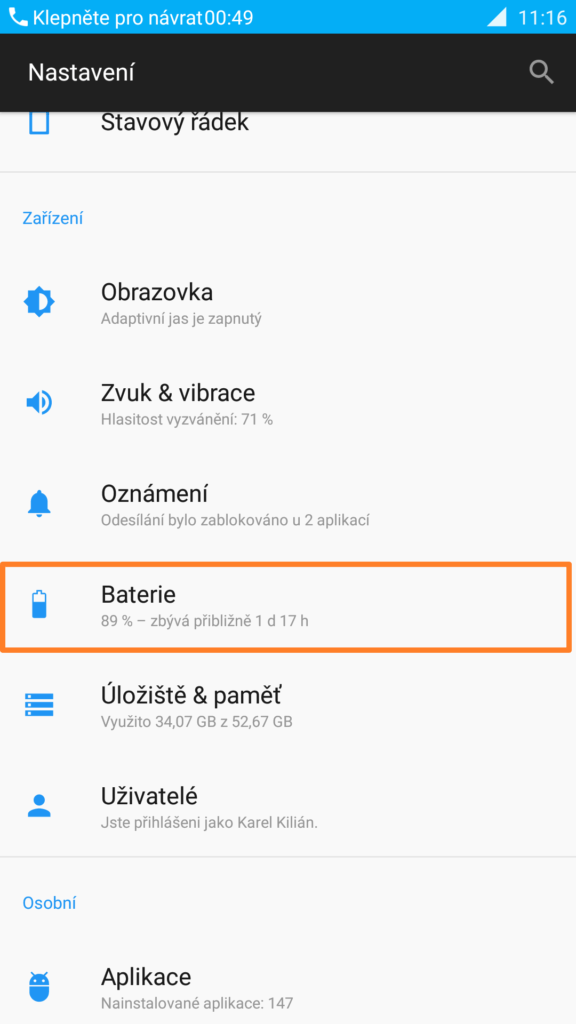 Sekce Baterie