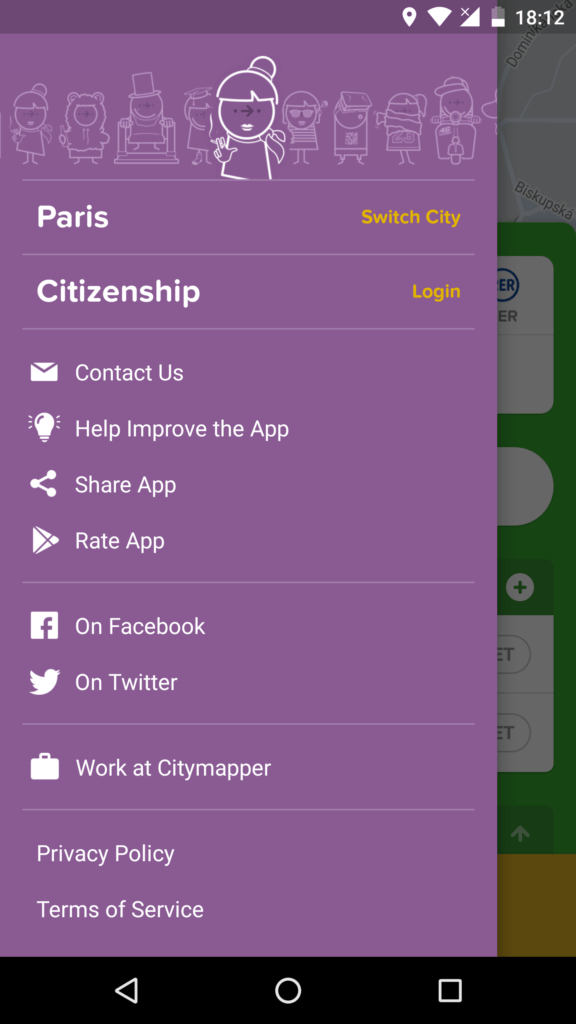 CityMapper menu