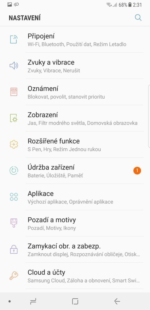 Samsung Galaxy Note 8 nastavení