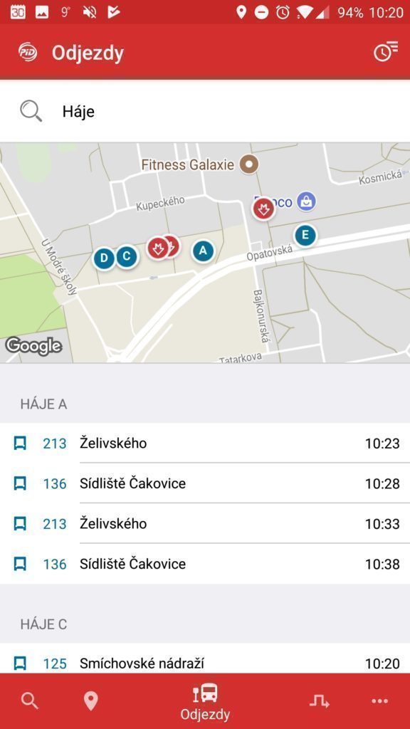Sekce Odjezdy