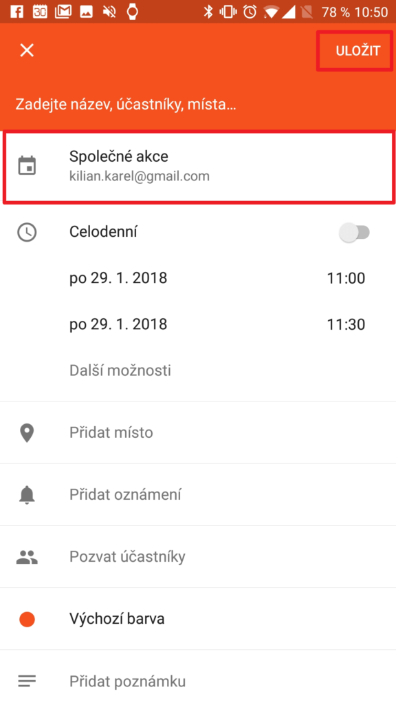 Nyní se chůzka uloží do společného kalendáře