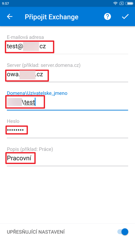Zadejte adresu Exchange Serveru a další údaje