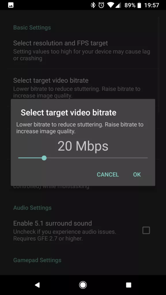 moonlight nastaveni bitrate