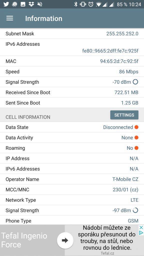 Informace o Wi-Fi a mobilní síti