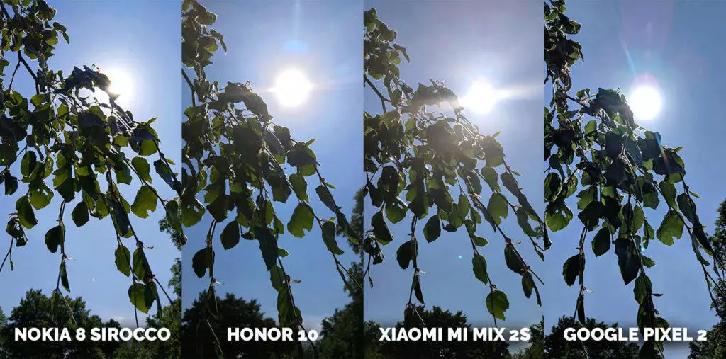 Porovnání fotoaparátů Honor 10, Pixel 2, Xiaomi Mi Mix 2S, Nokia 8 Sirocco slunce