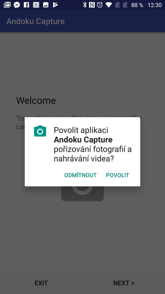 Andoku Capture Požadavek na přístup k fotoaparátu