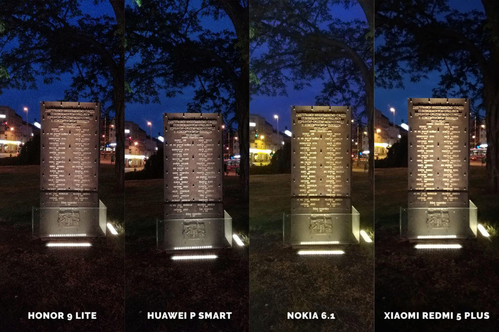 jak fotí Fototest levných telefonů Honor 9 Lite vs Huawei P Smart vs Nokia 6.1 vs Xiaomi Redmi 5 Plus - nocni fotografi