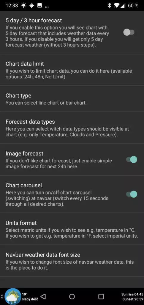 nastaveni aplikace navbar weather