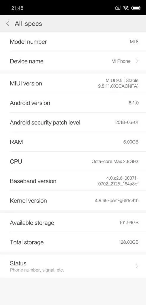 xiaomi mi 8 system infomace
