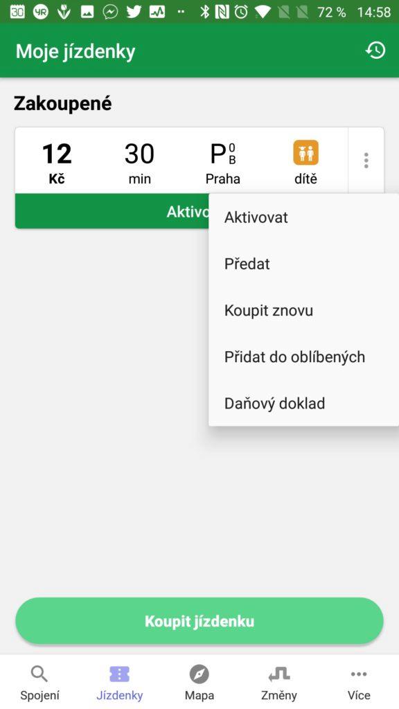 Možnosti zakoupené jízdenky PID lítačka