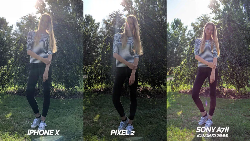 srovnani fotoaparatu pixel 2 vs apple iphone X modelka proti svetlu