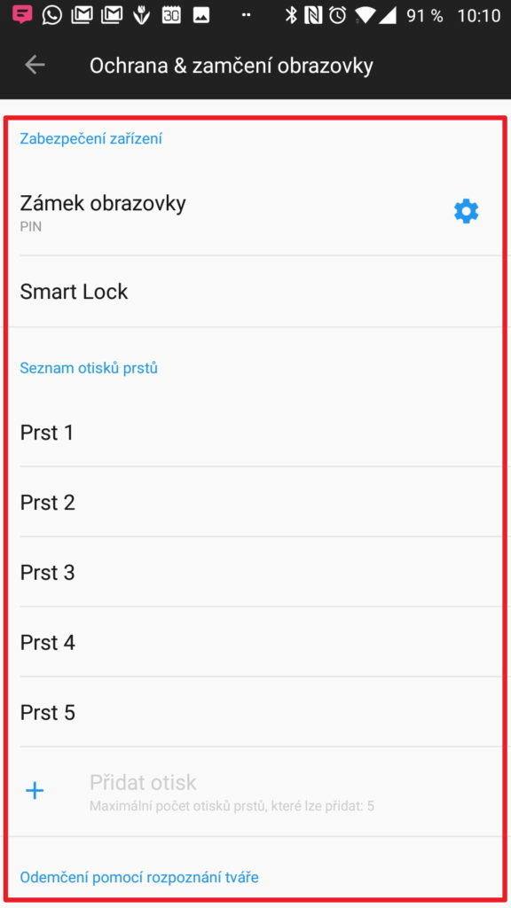 Zabezpečení odemykání telefonu