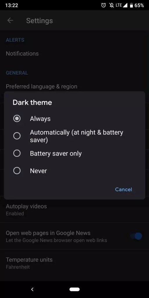 Zprávy Google tmavý režim nastavení