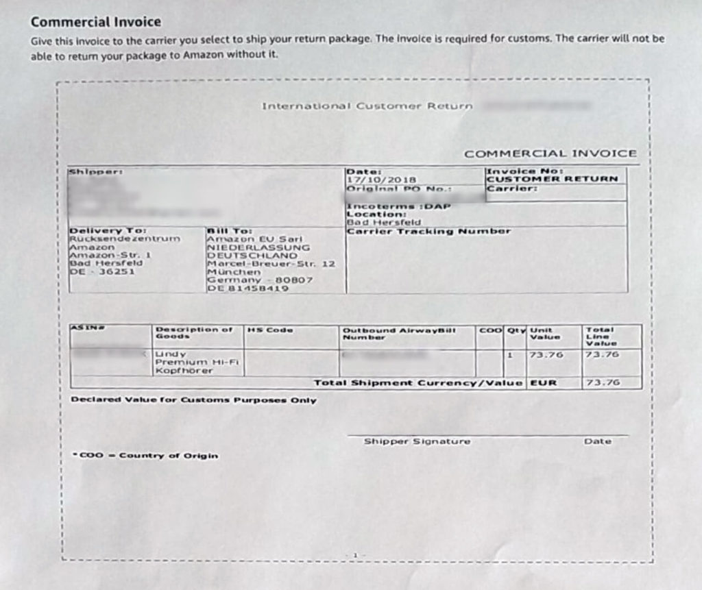 Jak reklamovat na Amazon - commercial invoice