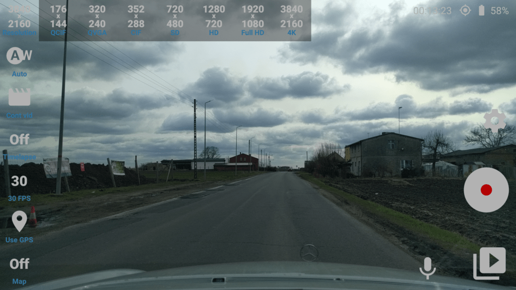Prostředí aplikace Car Camera