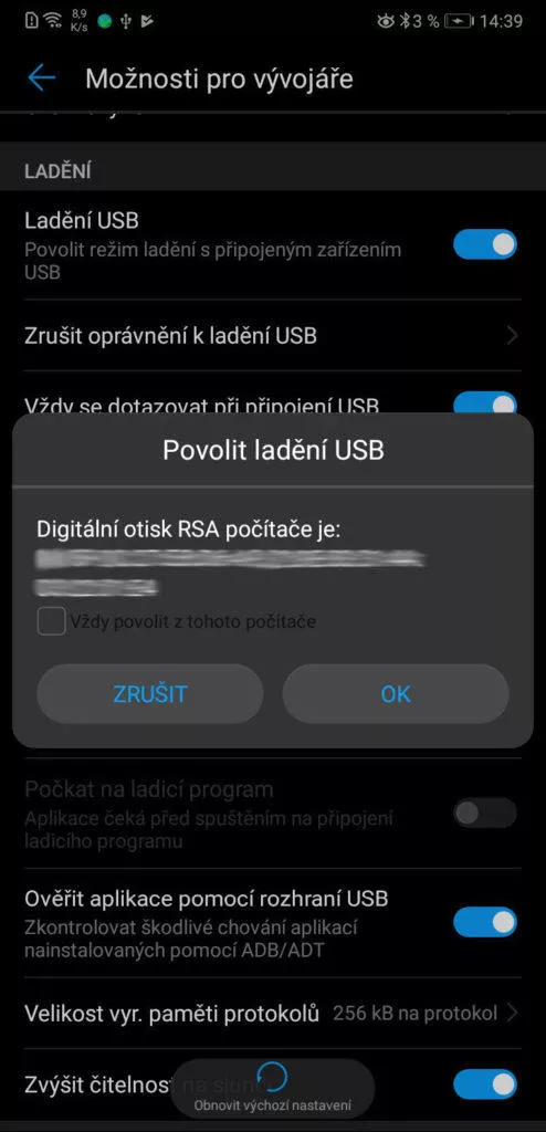 povoleni ladeni usb