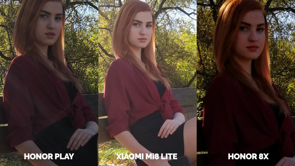 Srovnani fotoaparatu Honor Play vs Xiaomi Mi 8 Lite vs Honor 8X modelka na lavicce detail