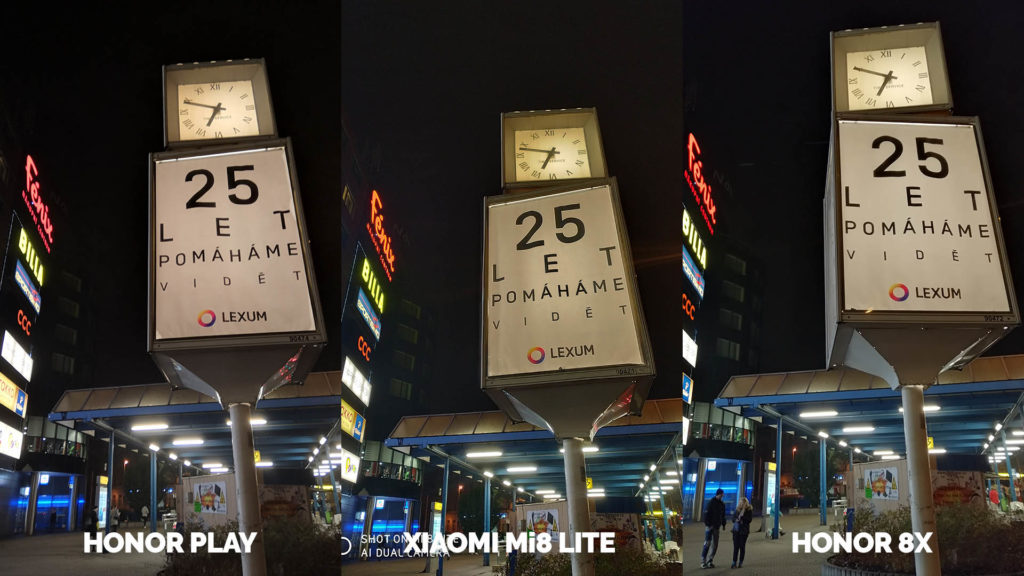Srovnani fotoaparatu Honor Play vs Xiaomi Mi 8 Lite vs Honor 8X nocni fotografie hodiny