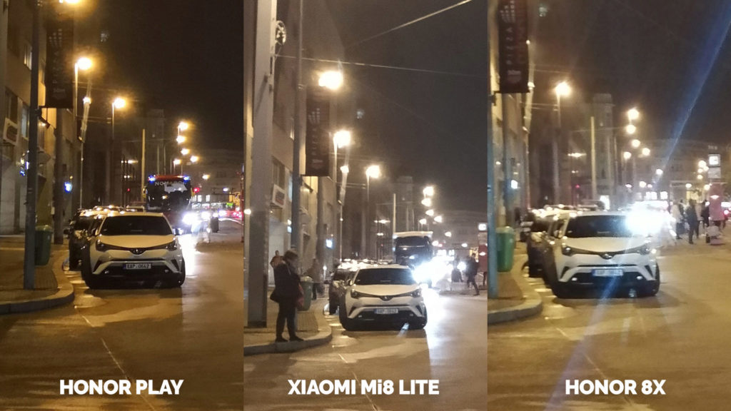 Srovnani fotoaparatu Honor Play vs Xiaomi Mi 8 Lite vs Honor 8X nocni ulice detail