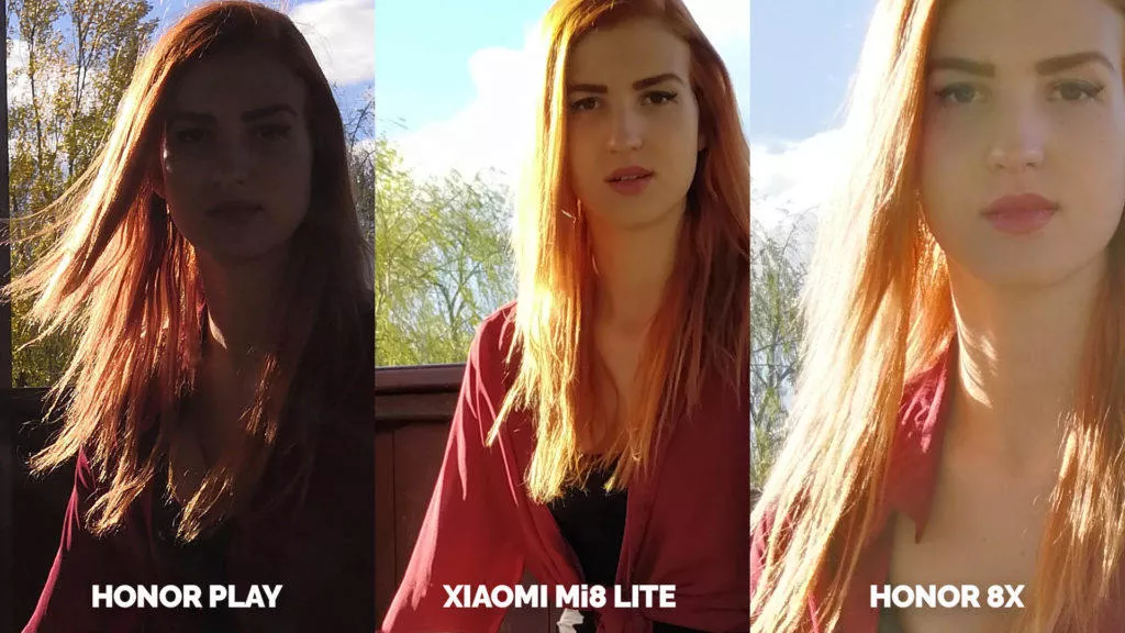 Srovnani fotoaparatu Honor Play vs Xiaomi Mi 8 Lite vs Honor 8X sedici zena detail