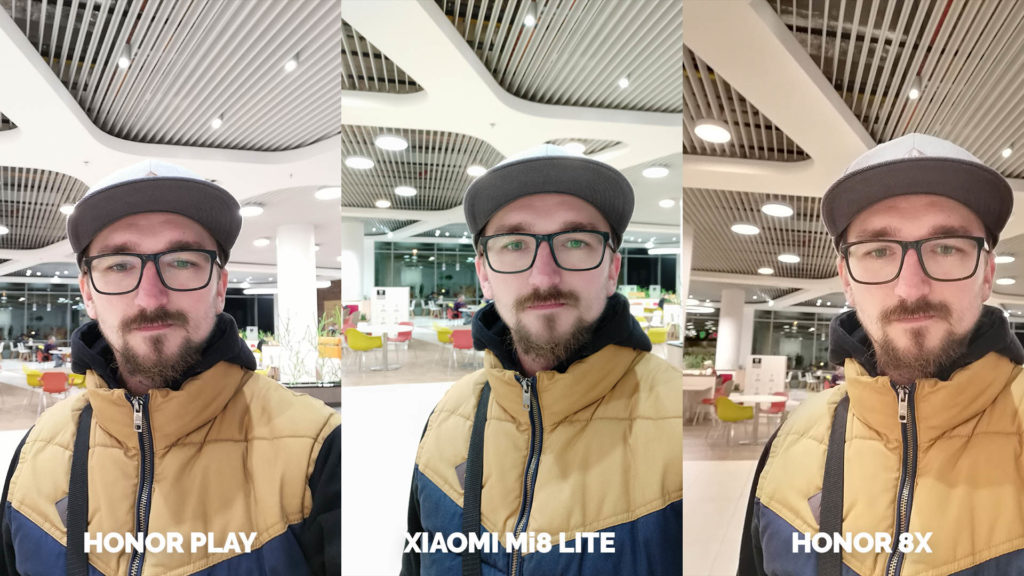 Srovnani fotoaparatu Honor Play vs Xiaomi Mi 8 Lite vs Honor 8X selfie umele osvetleni