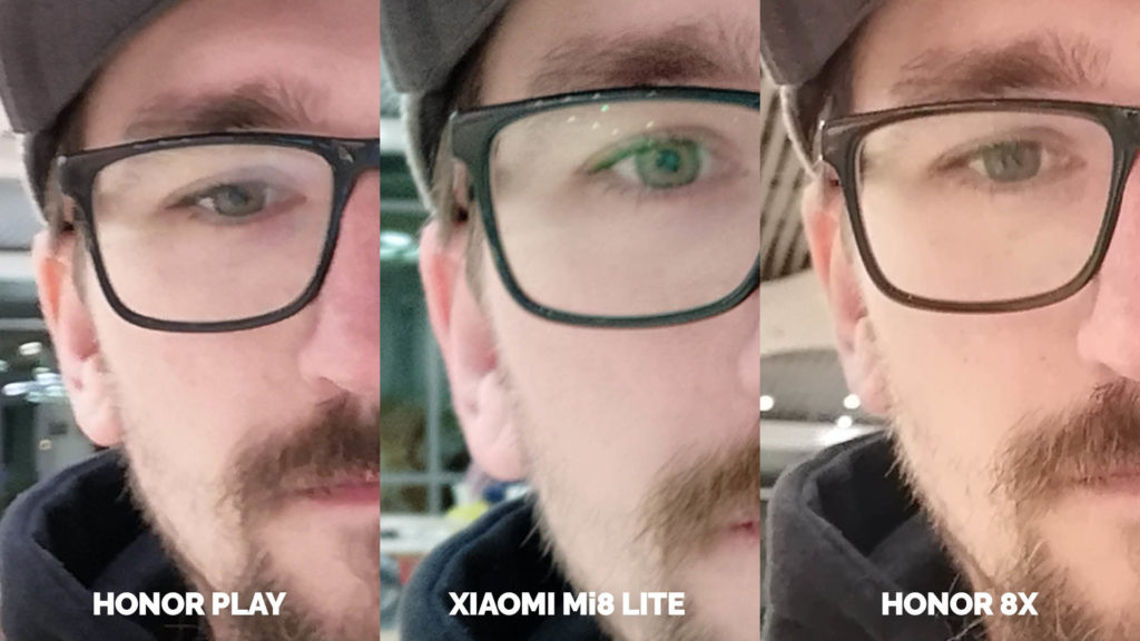 Srovnani fotoaparatu Honor Play vs Xiaomi Mi 8 Lite vs Honor 8X test selfie umele osvetleni