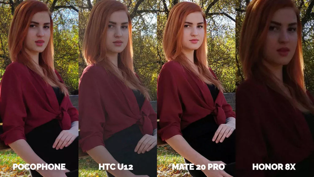 srovnani fotoaparatu Pocophone F1 vs. Huawei Mate 20 Pro vs. Honor 8X vs. HTC U12+ lavicka zena (2)