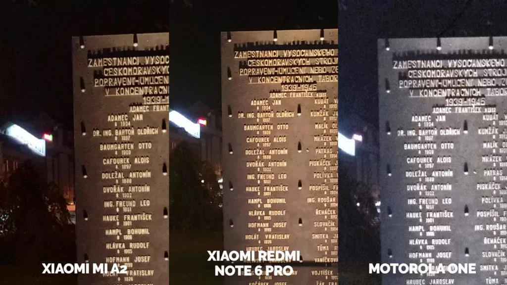 Fototest Xiaomi Mi A2 vs Xiaomi Redmi Note 6 Pro vs Motorola One noc pamatnik detail