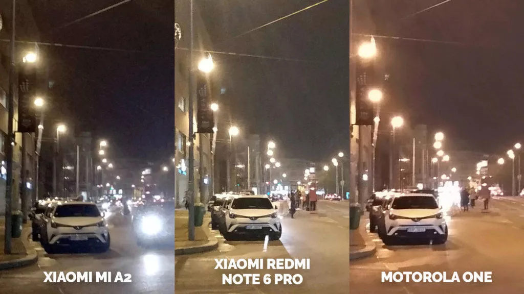 Fototest Xiaomi Mi A2 vs Xiaomi Redmi Note 6 Pro vs Motorola One nocni ulice detail
