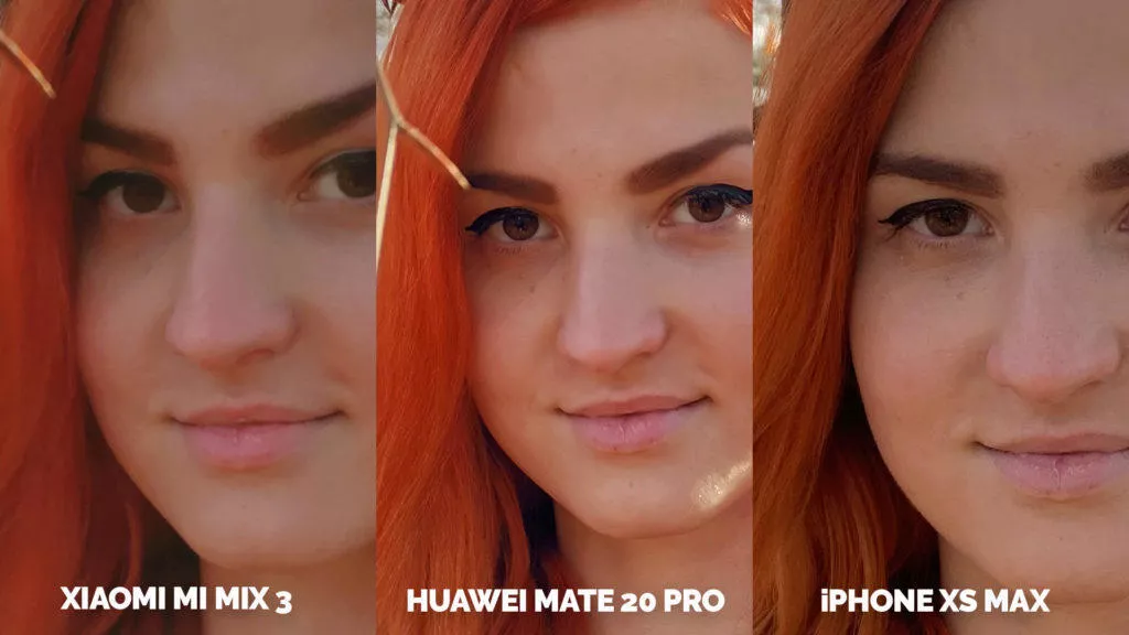 Fototest Xiaomi Mi Mix 3 vs Huawei Mate 20 Pro vs Apple iPhone XS Max modelka portret detail
